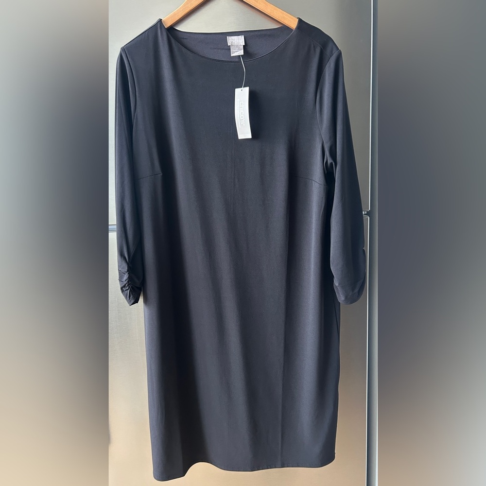 NWT Chico’s Black Shift Dress Ruched Sleeve 12/14)